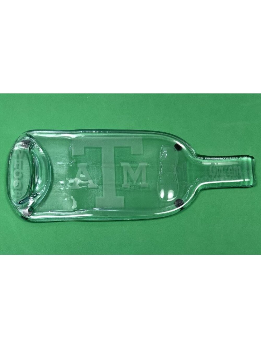 VTG 11.5"x4" Melted Bottle Clear Glass Texas A&M Aggies Spoon Rest Tray Art EUC